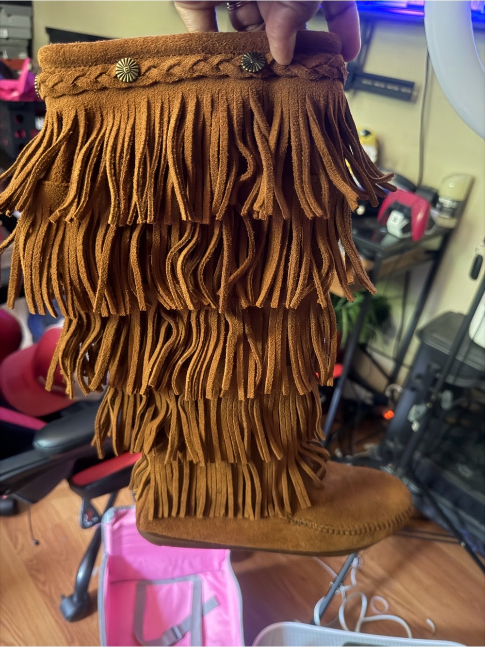 Layered Fringe Suede Knee-High Boots - Rich Cognac